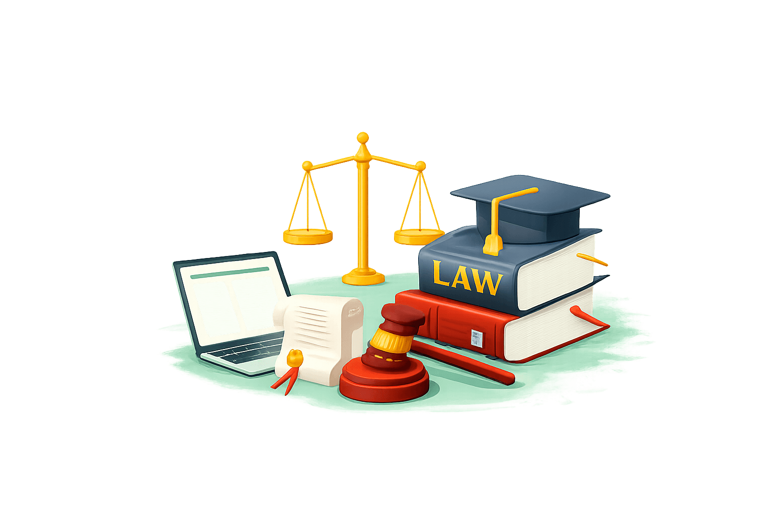 Law assignment help illustration with legal books, scales of justice, gavel, diploma and laptop